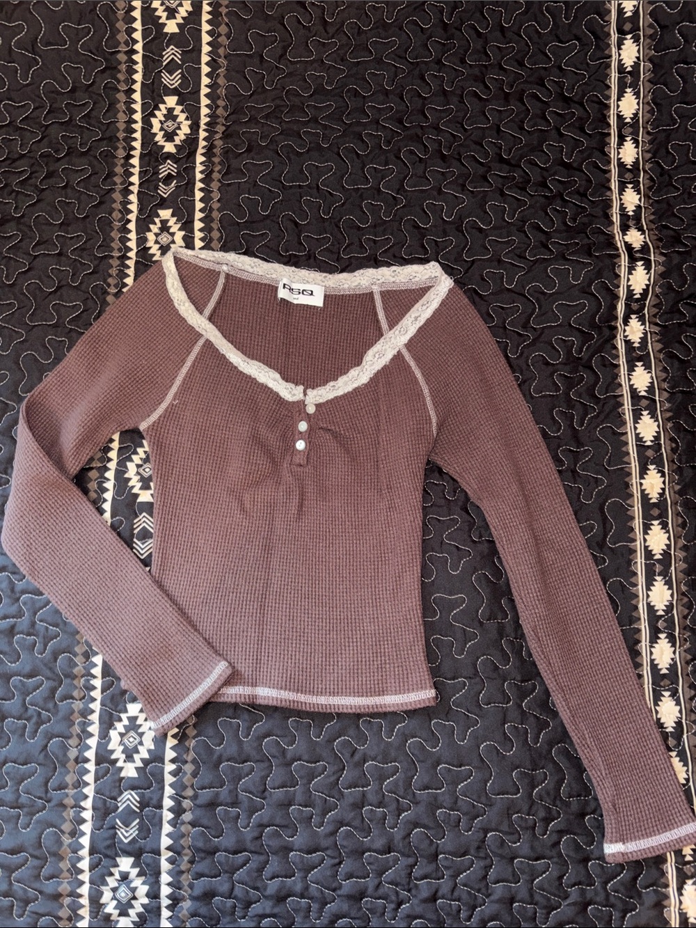 RSQ Brown Waffle Knit Lace-Trim Top